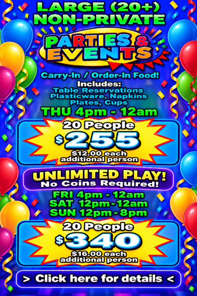 Book Your Party With US, Group Discounts, School Functions, Sports Teams, Church Functions, Youth Groups, Company Events, Team Buliding, Family Events, Holiday, Holidays